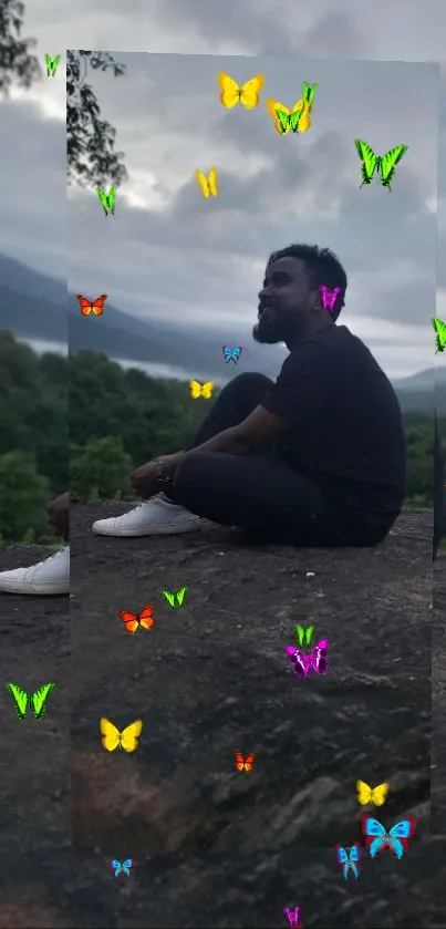 Person sitting with colorful butterflies in scenic nature view.