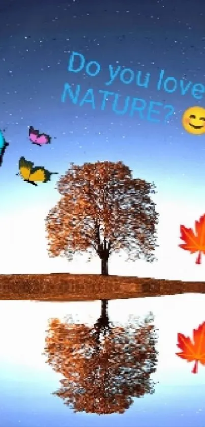 Nature scene with a reflective lake, tree, butterflies, and autumn leaves under a night sky.