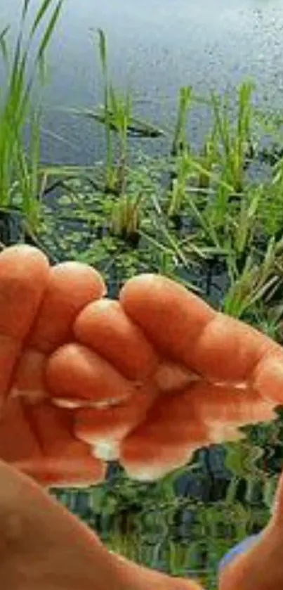 Hands holding water with grass and pond reflection.