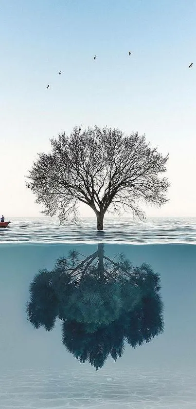 Serene scene with tree and reflection on water, ideal for mobile wallpaper.