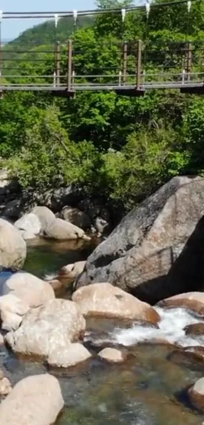 Serene river scene with rocks and a bridge surrounded by lush greenery.