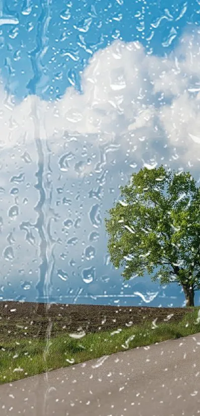 Serene landscape with a tree and clouds.