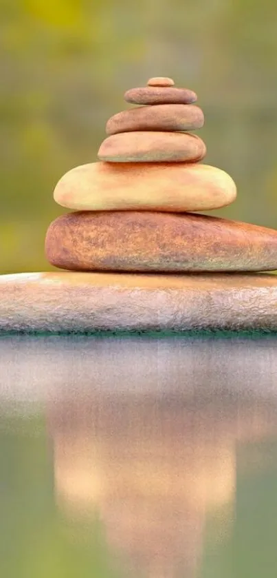 A tranquil stack of stones with a water reflection set against a soft green backdrop.