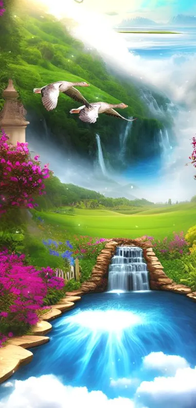 Serene nature wallpaper with lush greenery and a calming waterfall scene.