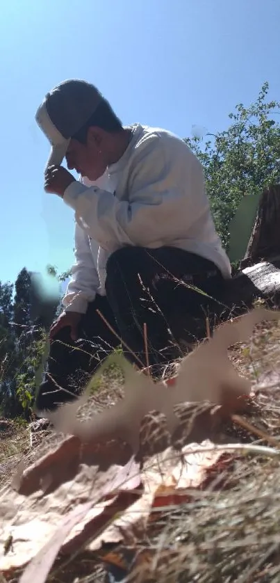 Person in serene nature setting under blue sky.