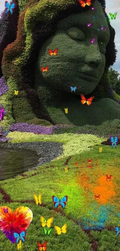 Tranquil nature sculpture with lush greenery and flowers in outdoor setting.