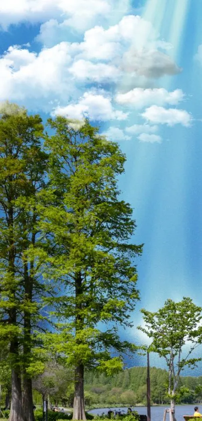 Lush green landscape under a vibrant blue sky with sunlit clouds.