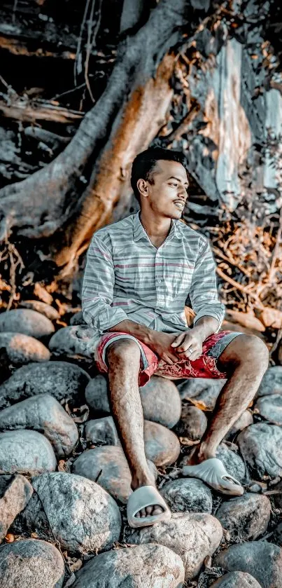 Person sitting on stones against a tree backdrop with earthy tones.