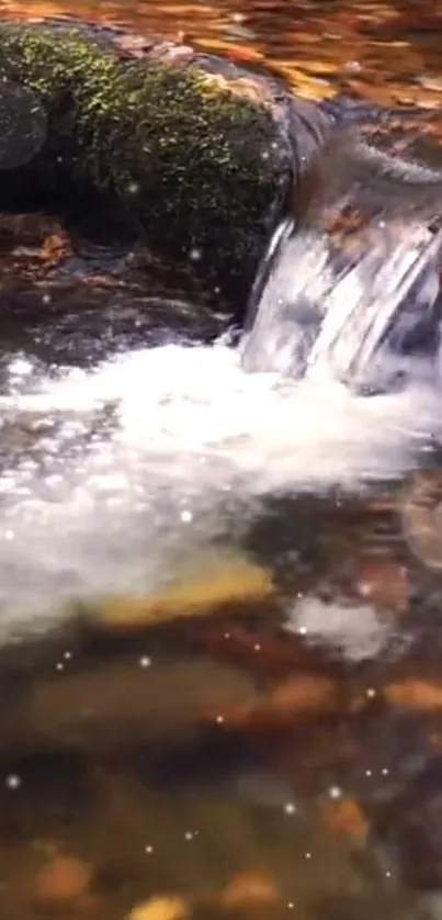 A serene stream with cascading water and autumn leaves, perfect for tranquility.