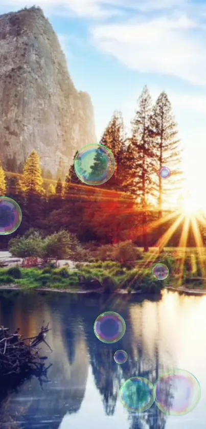 Sunrise over mountain and lake with colorful bubbles in serene nature scene.