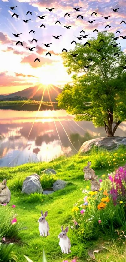 Sunrise over a lake with rabbits and colorful flowers in a peaceful natural scene.