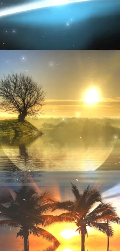 Serene sunset over silhouetted trees and peaceful lake reflection.