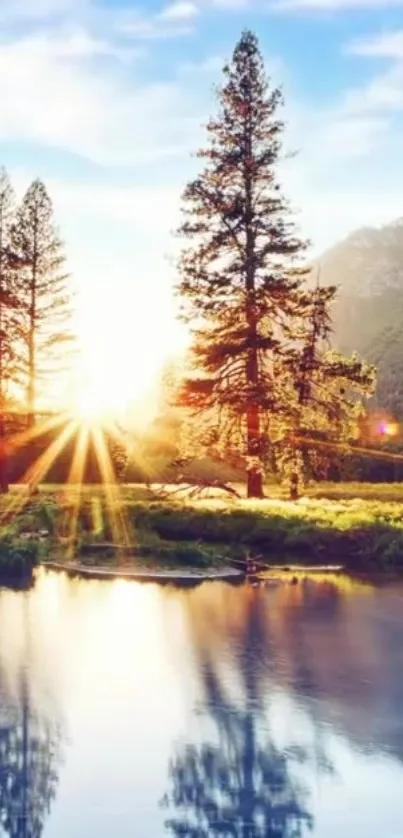 Serene sunset over a tranquil lake with trees and vibrant sky.