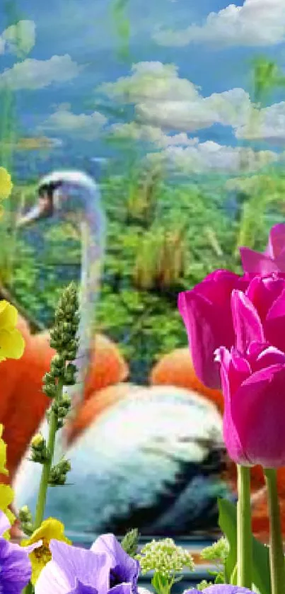 Graceful swan on lush backdrop with vibrant flowers.