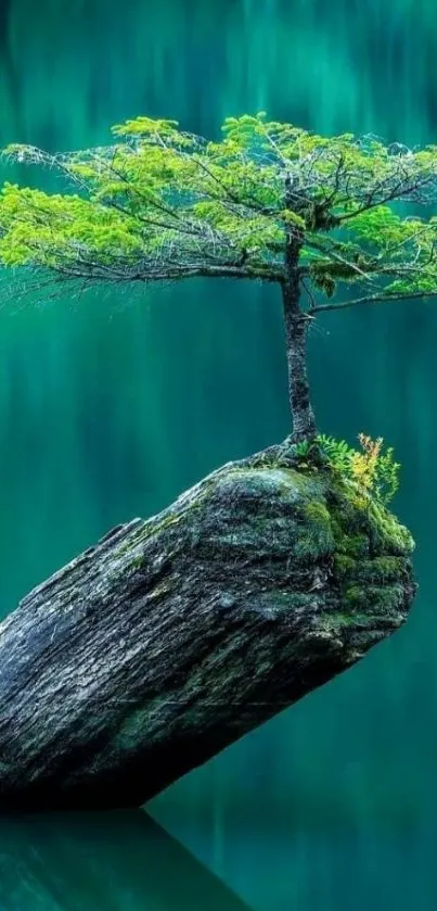 A lone tree growing from a rock against a serene teal background.