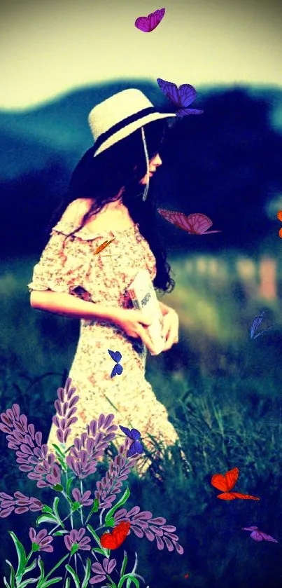 Woman walking in nature surrounded by butterflies and flowers.