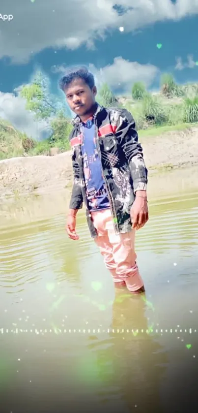 Man standing in a river with cloudy sky and greenery.