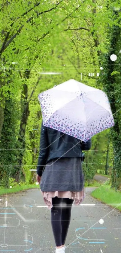 Person with umbrella walking on a lush green forest path.