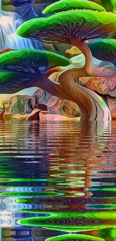 Surreal nature art with green tree and water reflection.