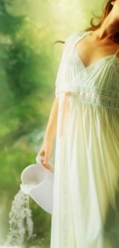 Woman in flowing dress by a waterfall in nature.