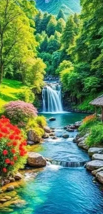 Serene waterfall surrounded by lush greenery and vibrant flowers in nature.
