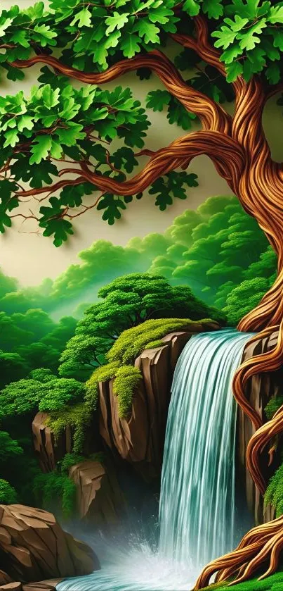 Cartoon forest with flowing waterfall and vibrant green trees.