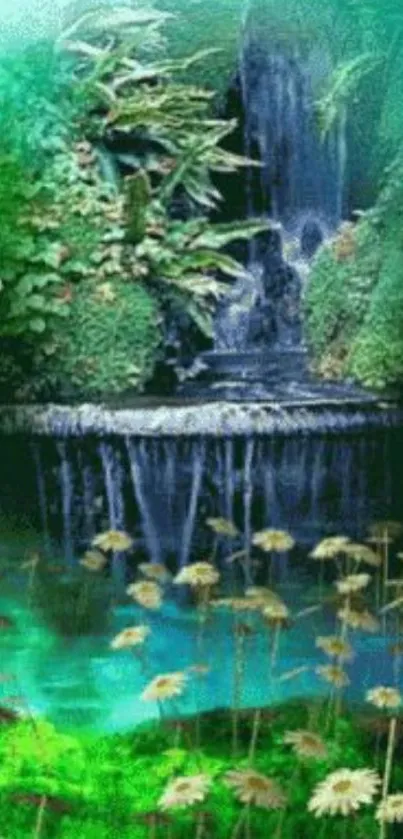 Serene nature waterfall with lush greenery.