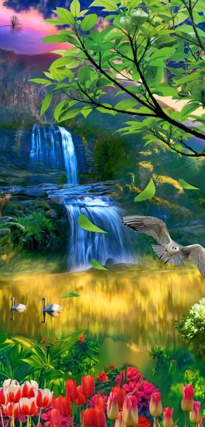 Serene nature wallpaper with waterfall, greenery, and vibrant flowers.