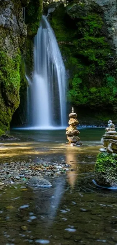 Peaceful waterfall surrounded by lush greenery and stacked stone cairns.