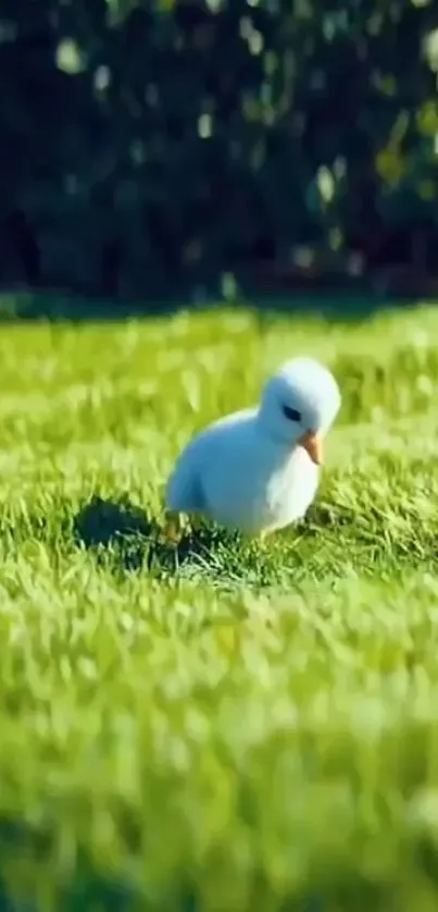 White bird in vibrant green grass, serene wallpaper.