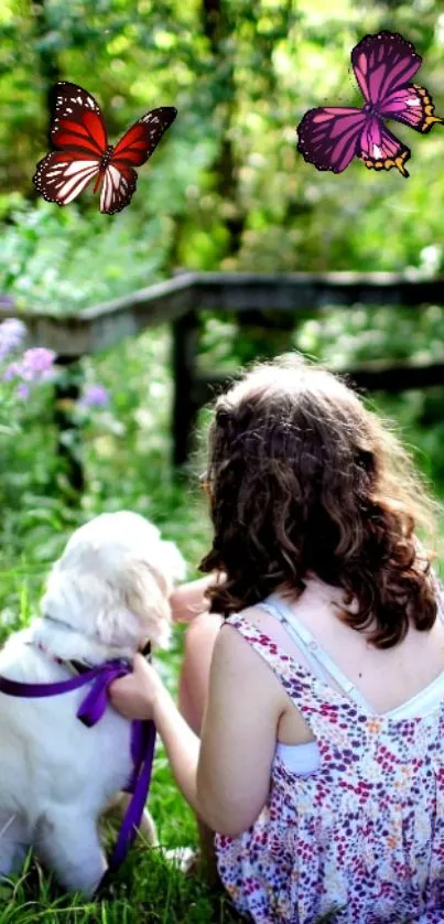 Girl with dog in nature, vibrant butterflies flying around.