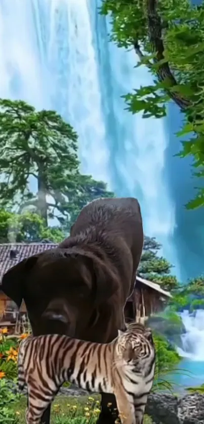 Dog and tiger against a waterfall backdrop.