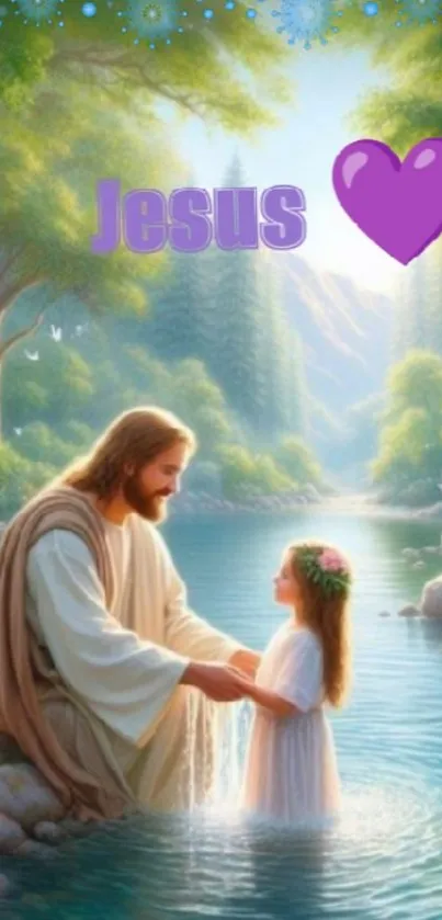 Jesus with child in tranquil nature scene with purple heart.