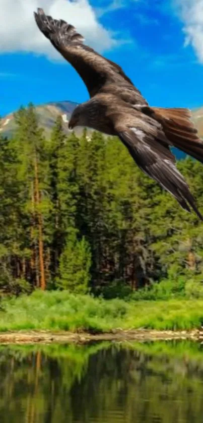 Majestic eagle flying over lush forest and serene lake with mountains.