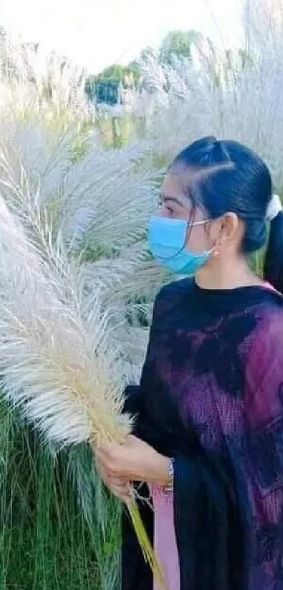 Woman in a mask holding grass in a serene field.