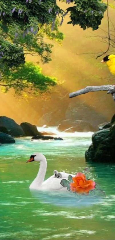Swan and bird in tranquil nature setting.