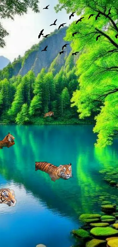 Tigers swimming in a lush, scenic lake surrounded by greenery.