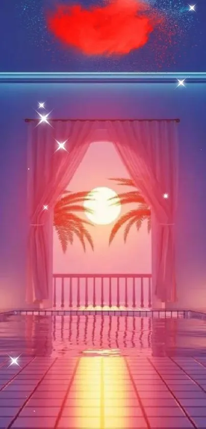 Neon sunset wallpaper with palm silhouette and reflective floor.