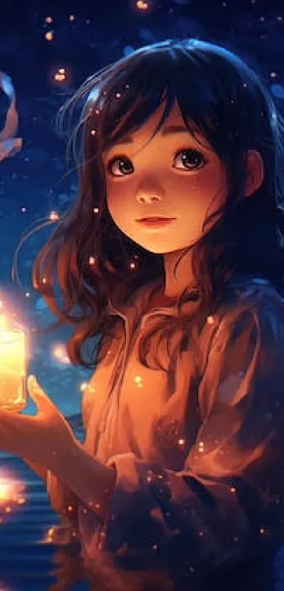 Anime girl with glowing lantern under a starry night sky.