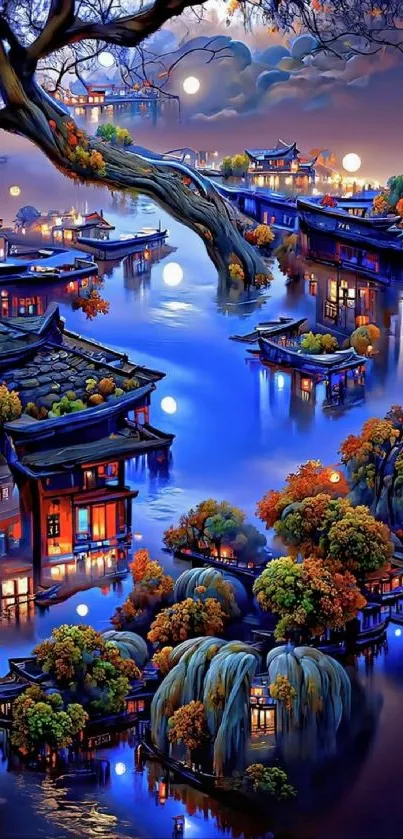 Serene Asian night landscape with reflections on water.