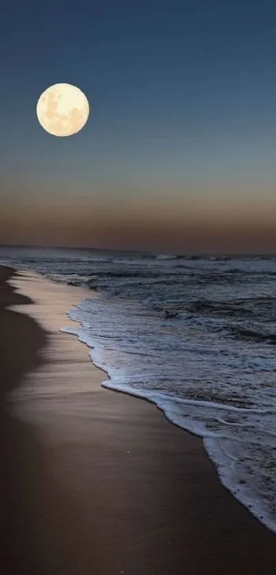 Moonlit night beach with calming waves and serene sky.