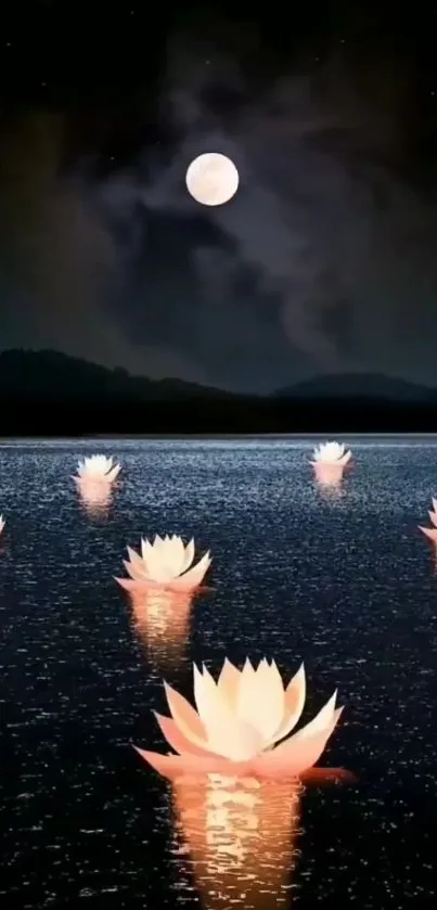 Lotus flowers glowing on a moonlit water.