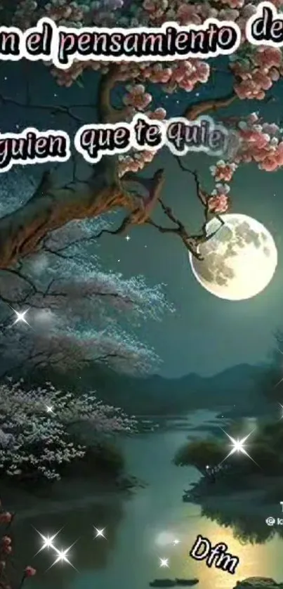 Cherry blossoms under moonlit sky with lake reflections.