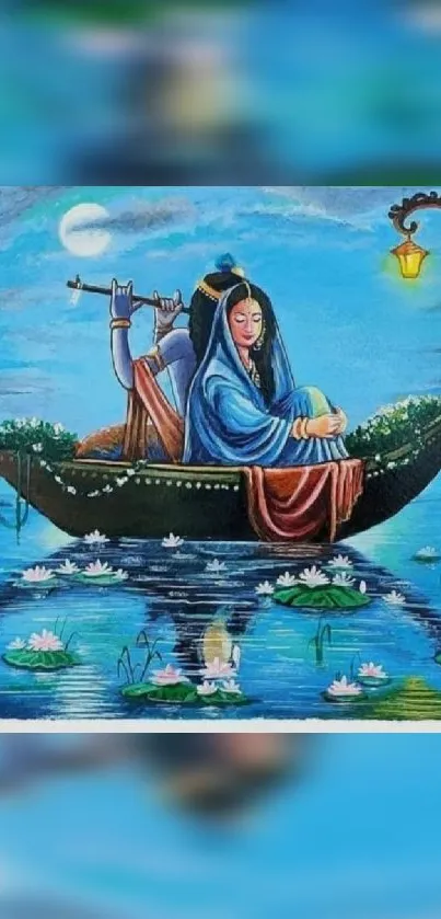 Peaceful woman on a boat under moonlit sky with water lilies.