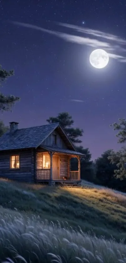Cozy cabin illuminated by moonlight in a serene night landscape.