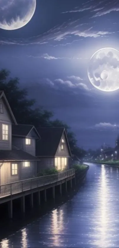 A serene night scene with a moonlit canal and glowing houses.