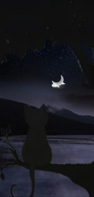 Silhouette of a cat looking at the moon in a starry night sky.