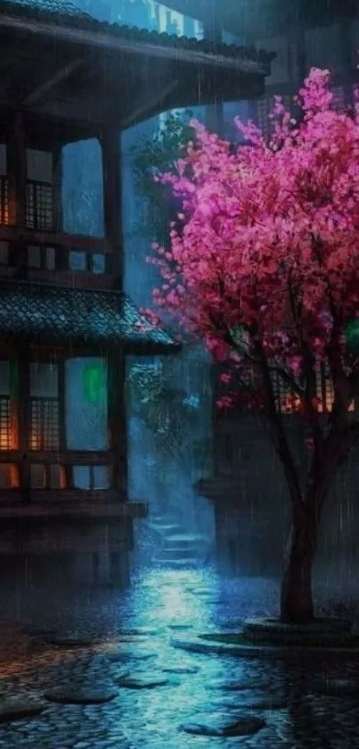 Cherry blossom tree at night in rain, serene mobile wallpaper.