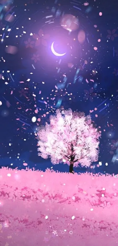 Cherry blossom tree under a crescent moonlit sky in a pink field.