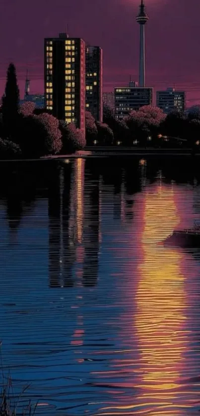 Night cityscape with reflection on water.